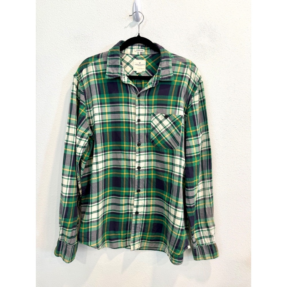 American Eagle Seriously Soft Plaid Flannel Shirt Men's Large Green Blue Preppy